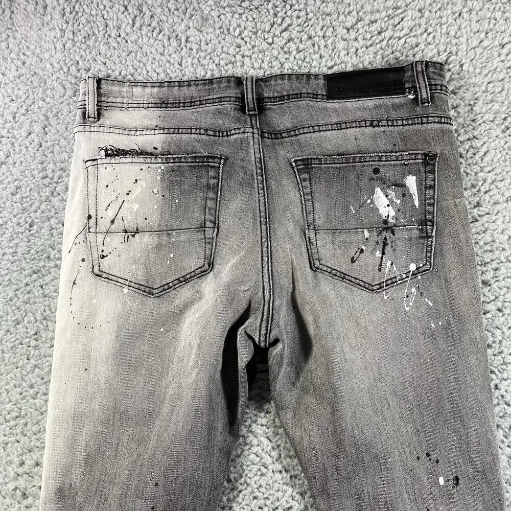 GFTD Los Angeles Mens Skinny Jeans 34x32 Gray Paint Splatter Distressed Ripped